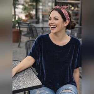 Madewell NWT Velvet Top XXL Blue Draped Short Sleeve Blouse